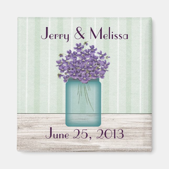 Imán Blue Mason Jar Violets Wedding Favor Magnet