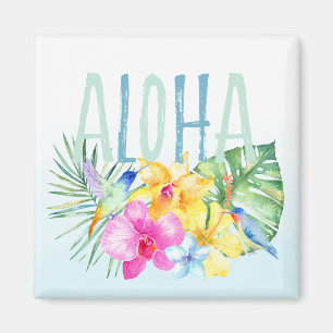 Imán Blue Mint Aloha Floral Tropical Watercolor