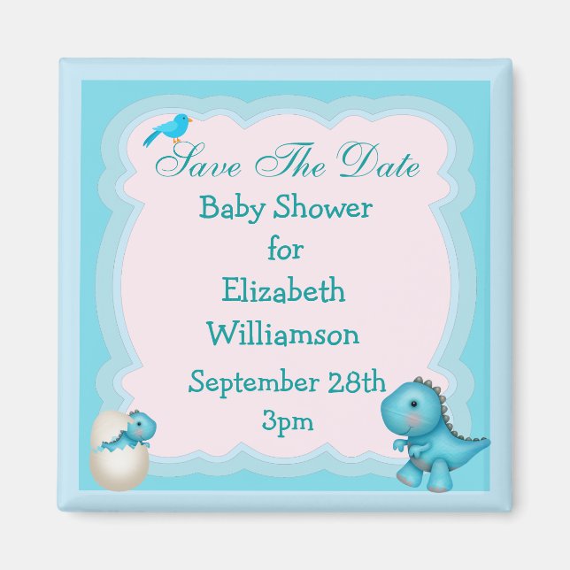 Imán Blue New Born Dinosaur Save The Date Baby Shower (Frente)