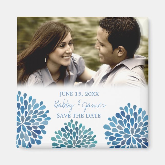 Imán Blue Petals Bloom Save the Date Boda Magnet (Frente)