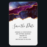 Imán Blue & Purple Space & Stars Wedding Save The Date<br><div class="desc">La boda guarda el imán de fecha con un diseño abstracto con capas azules y violetas con una cinta de Relieve metalizado de oro falso en el medio.</div>