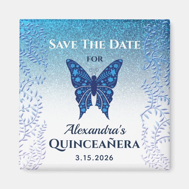Imán Blue Quinceanera Guardar La Invitación De Fecha (Frente)