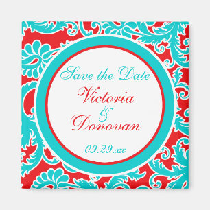 Imán Blue Red White Damask Save the Date Magnet