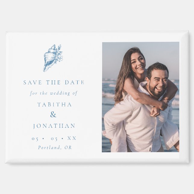 Imán Blue Seashell Photo Coastal Wedding Save the Date (Anverso)