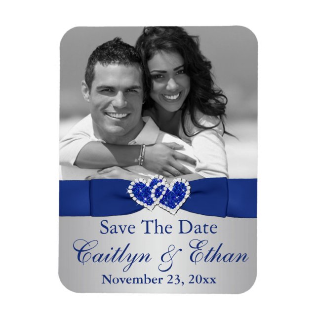 Imán Blue, Silver Hearts Save the Date Photo Magnet (Vertical)