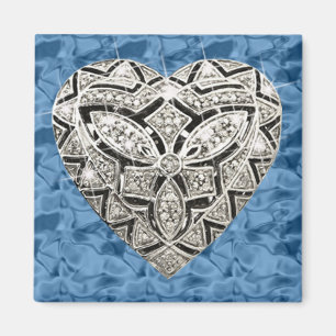 Imán Blue Square Elegant Designer Diamond Heart Magnet
