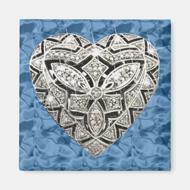 Imán Blue Square Elegant Designer Diamond Heart Magnet (Frente)