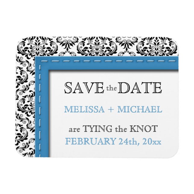 Imán Blue Stitched Damask Flat Save the Date Magnet (Horizontal)