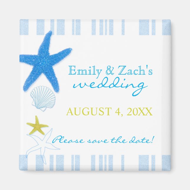 Imán Blue Stripes Beach Wedding Save the Date (Frente)