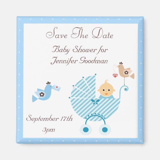 Imán Blue Stroller & Birds Save the Date Baby Shower (Frente)
