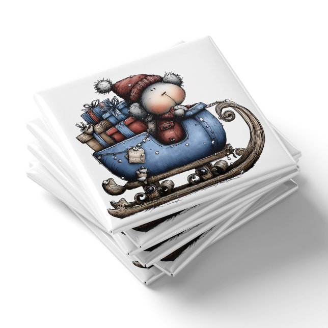 Imán Blue Whimsical Polar Bear Sled | Christmas Magnet (Blue Whimsical Polar Bear Sled Christmas Magnet by PiggyPrint Stickers.)