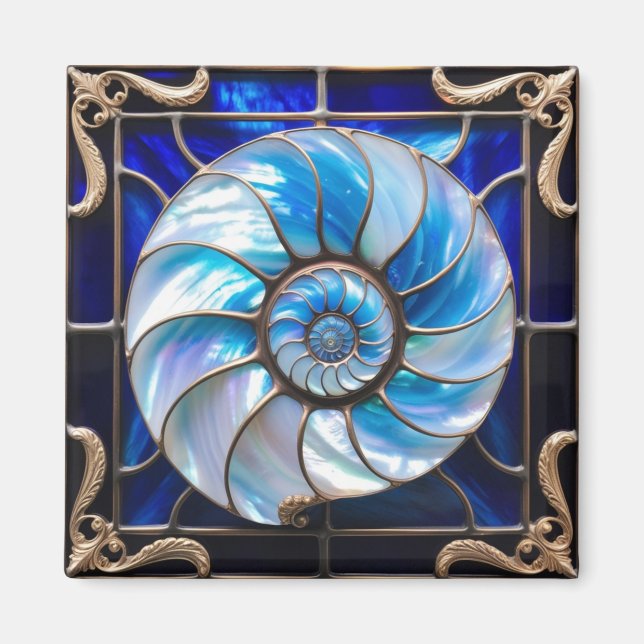 Imán Blue/White Faux Stained-Glass Nautilus Shell 3 (Frente)