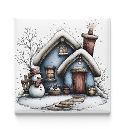 Imán Blue Winter Cottage Christmas Magnet