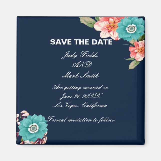 Imán Blue Y Pink Floral Botanical Save The Date (Frente)