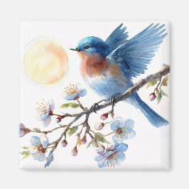 Imán Bluebird on Blossom Branch Square Magnet