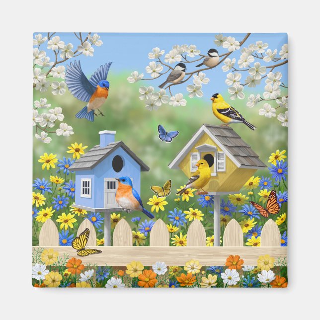 Imán Bluebirds Goldfinches Birdhouses Flower Garden (Frente)