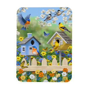 Imán Bluebirds Goldfinches Birdhouses Flower Garden