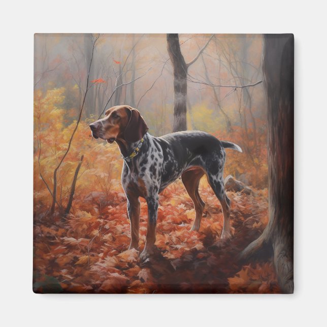 Imán Bluetick Coonhound en otoño inspira caída de hojas (Frente)