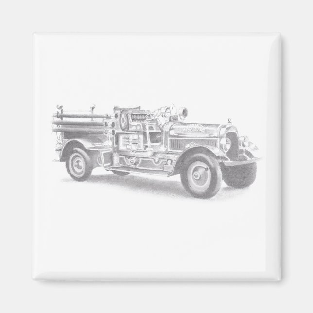 Imán boceto de lápiz de camión de bomberos antiguo dibu (Frente)