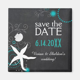 Imán Boda Aqua White Chalkboard Beach Save the Date