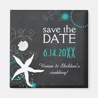 Imán Boda Aqua White Chalkboard Beach Save the Date