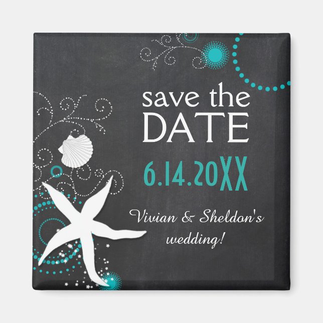 Imán Boda Aqua White Chalkboard Beach Save the Date (Frente)