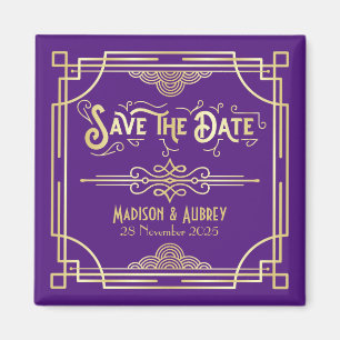 Imán Boda Art Deco Elegant Gold Purple Save the Date