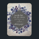 Imán Boda Azul Botánica De Ladrillo Salva La Fecha<br><div class="desc">Una elegante boda rústica salva el imán de fecha con un diseño follaje botánico azul con fondo de ladrillo blanco y negro. Busque invitaciones de boda coincidentes y otros elementos de coordinación en Jill's Paperie.</div>