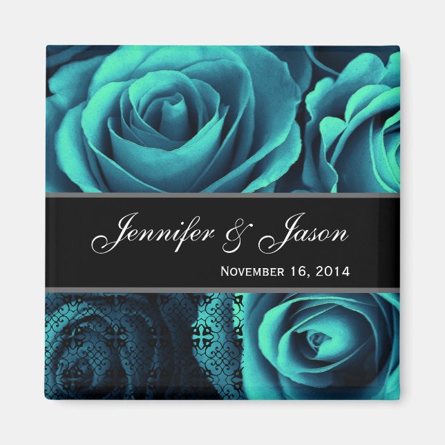 Imán Boda AZUL verde azulado Rose Bouquet con encaje (Frente)