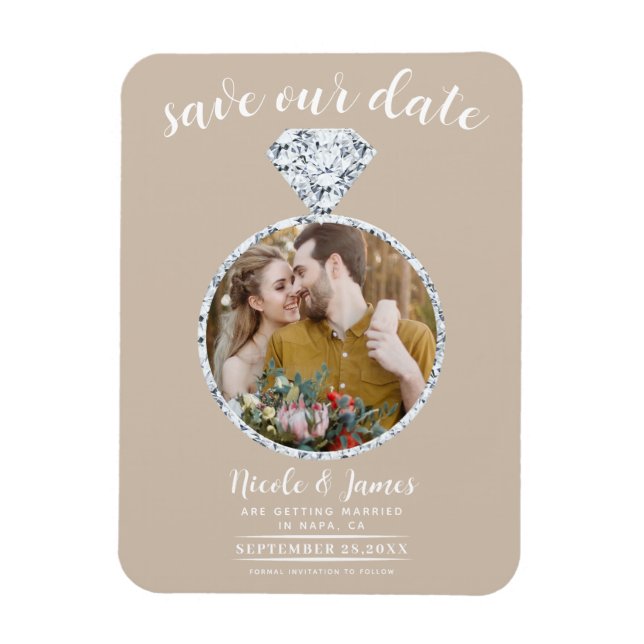 Imán Boda beige Ring Bling Photo Save the Date (Vertical)