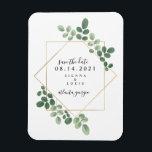 Imán Boda Botánica Geométrica Guardar La Fecha<br><div class="desc">Una elegante boda rústica salva el imán de fecha con un diseño botánico inspirado en la acuarela alrededor de un marco geométrico con texto negro. Busque invitaciones de boda coincidentes y otros elementos de coordinación en Jill's Paperie.</div>