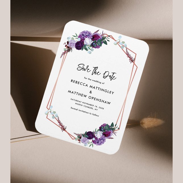 Imán Boda botánica morada floral salva la fecha (Purple Floral Geometric Wedding Save the Date Magnet)