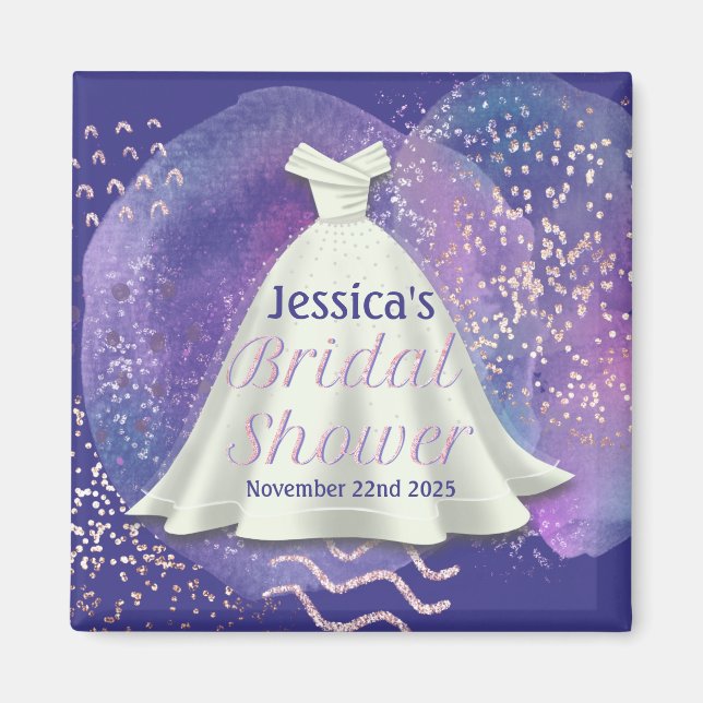 Imán Boda Bridal Shower Gown Purple & Rosa Gold Glam (Frente)