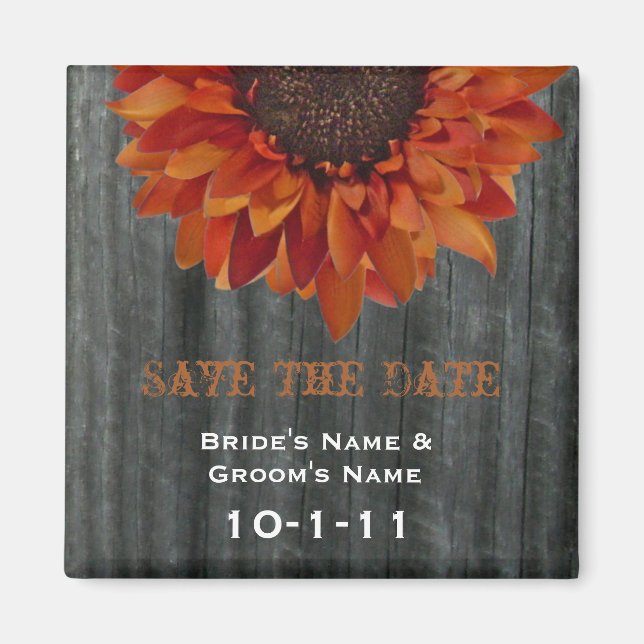 Imán Boda Caída Guardar La Fecha - Barnwood & Sunflower (Frente)