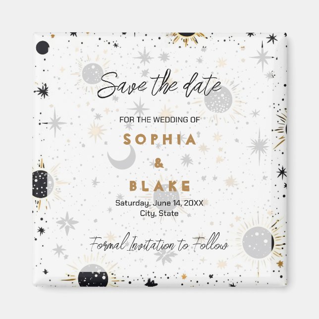 Imán Boda Celestial Negra y Dorada Save the Date (Frente)