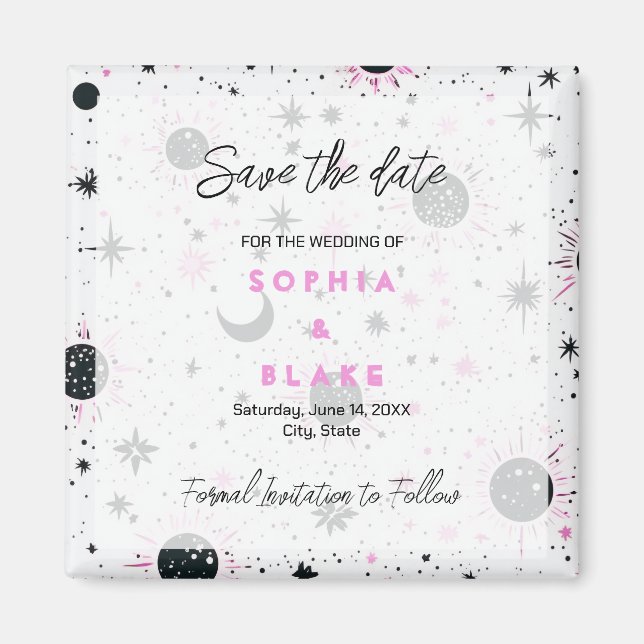 Imán Boda Celestial Negro y Rosa Ahorra la Fecha (Frente)