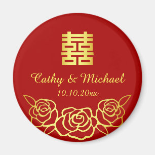 Imán Boda china floral rosa recorte de papel rojo y dor