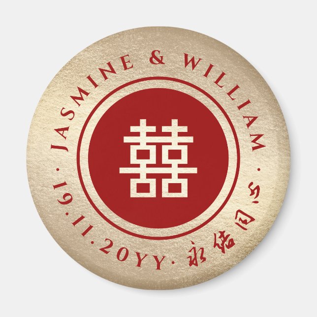 Imán Boda chino Xi doble de círculo rojo dorado clásico (Frente)