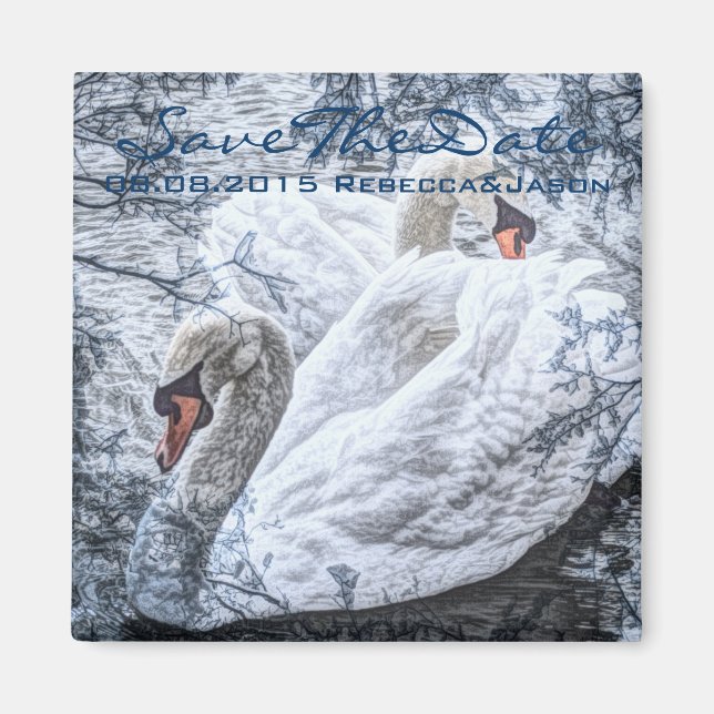 Imán boda cisne blanco invierno romántico lago (Frente)