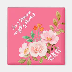 Imán Boda con fantasía floral rosa, aviso de guardar la