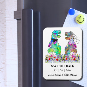 Imán Boda con tema de dinosaurios divertido, guarde la
