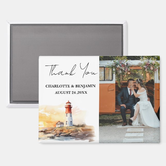 Imán Boda con tema náutico de faro, agradecimientos (Anverso/Reverso)