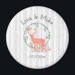 Imán Boda de acuarela de Boho para renos rusos<br><div class="desc">Un imán boda conmemorativo con un diseño de acuarela digital. Una silueta de reno naranja pastel dentro de una corona de hojas de hierbas. Setas y helechos forestales a sus pies. Patrón de abedul gris y blanco en el fondo.</div>