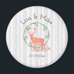 Imán Boda de acuarela de Boho para renos rusos<br><div class="desc">Un imán boda conmemorativo con un diseño de acuarela digital. Una silueta de reno naranja pastel dentro de una corona de hojas de hierbas. Setas y helechos forestales a sus pies. Patrón de abedul gris y blanco en el fondo.</div>