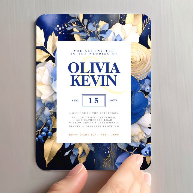Imán Boda de acuarela floral elegante de Navy Blue & Go (Wedding Navy Blue & Gold Floral Watercolor Magnet, Save The Date Magnet, Wedding Favors)