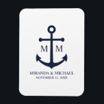 Imán Boda de Anclaje Azul de la Marina Náutica<br><div class="desc">Añada un toque elegante a su boda náutico con este clásico favor de la boda de ancla azul marino. Diseñado con un ilustracion de ancla azul marino, cuenta con un monograma, nombre y fecha boda personalizados para novias y novios en una fuente serif azul marino sobre un fondo blanco. Perfecto...</div>