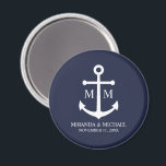 Imán Boda de Anclaje Azul de la Marina Náutica<br><div class="desc">Añada un toque elegante a su boda náutico con este clásico favor de la boda de ancla azul marino. Diseñado con un ilustracion de ancla blanca, presenta monograma, nombre y fecha boda personalizados para novias y novios en una letra serif blanca sobre un fondo azul marino. Perfecto para bodas náuticos,...</div>