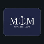 Imán Boda de Anclaje Azul de la Marina Náutica<br><div class="desc">Añada un toque elegante a su boda náutico con este clásico favor de la boda de ancla azul marino. Diseñado con un ilustracion de ancla blanca, presenta monograma de novia y novio personalizado y fecha de boda en una fuente serif blanca sobre un fondo azul marino. Perfecto para bodas náuticos,...</div>