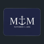 Imán Boda de Anclaje Azul de la Marina Náutica<br><div class="desc">Añada un toque elegante a su boda náutico con este clásico favor de la boda de ancla azul marino. Diseñado con un ilustracion de ancla blanca, presenta monograma de novia y novio personalizado y fecha de boda en una fuente serif blanca sobre un fondo azul marino. Perfecto para bodas náuticos,...</div>