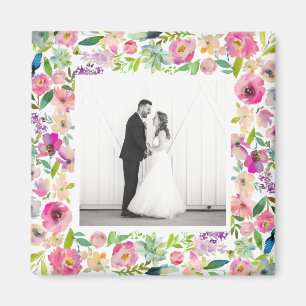 Imán Boda de borde floral de color de agua rosa